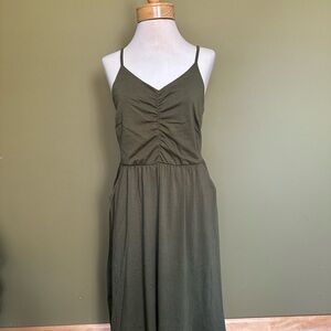 Chic Olive Green Midi Dress with Spaghetti Straps